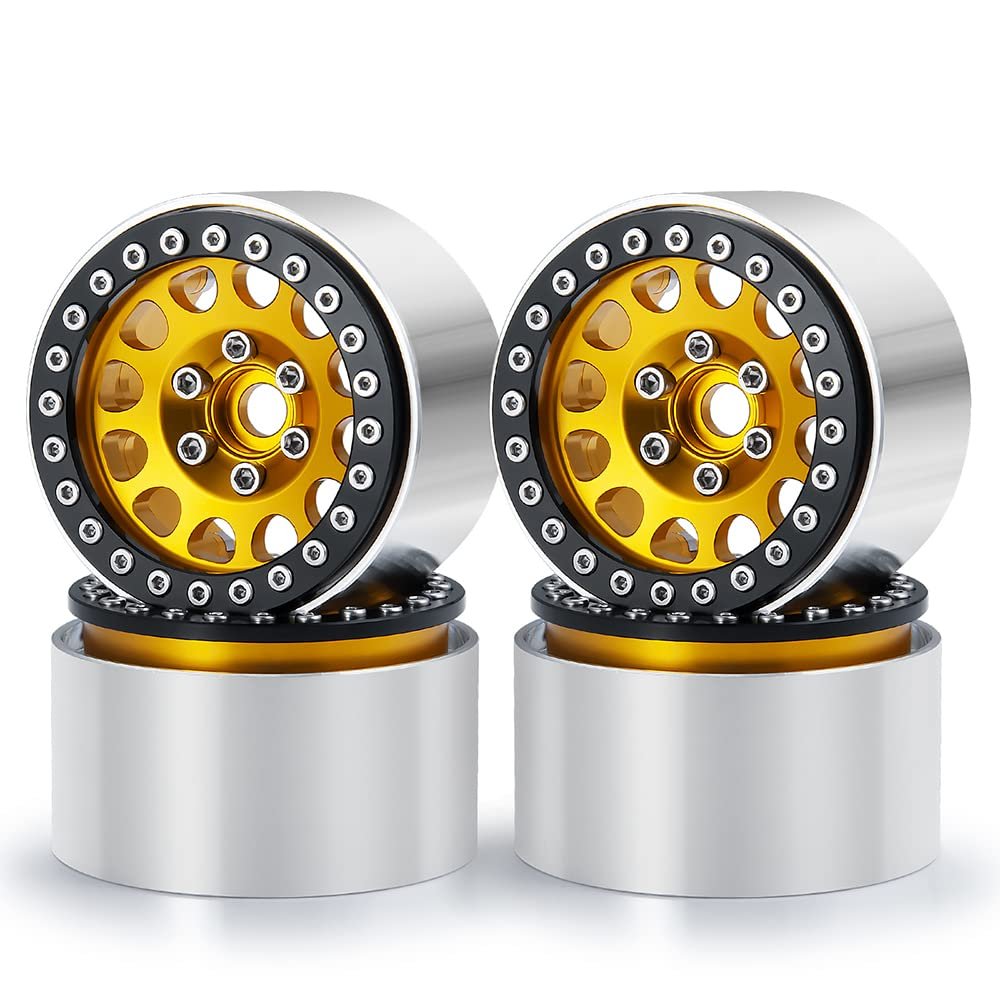 RCLIONS 4PCS Aluminum 1.9" Beadlock Wheels Rims 35mm Width Upgrade for Axial SCX10 II, SCX10 III, TRX4 1/10th RC Crawler Car Parts (Gold)