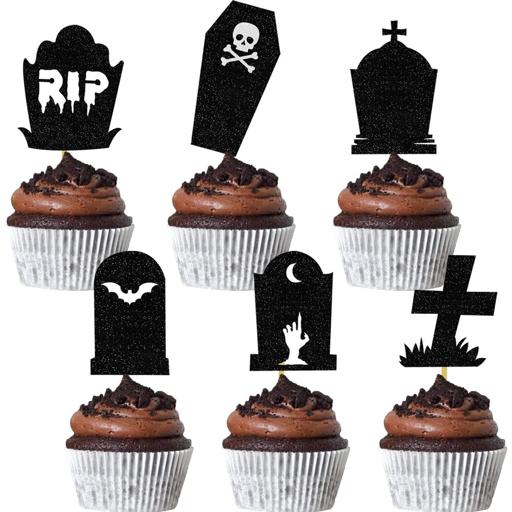 DOMOO OF DREAMS Halloween Tombstone Cupcake Toppers Glitter RIP Spooky Skull Food Picks Cemetery Graves Zombie Birthday Party Decoration 24PCS