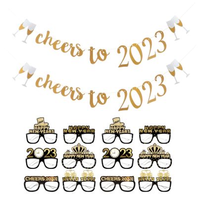 New Years Eve Party Supplies 2023 Gold Glitter Cheers to 2023 Banner Happy New Year Eyeglasses Decorations 2023