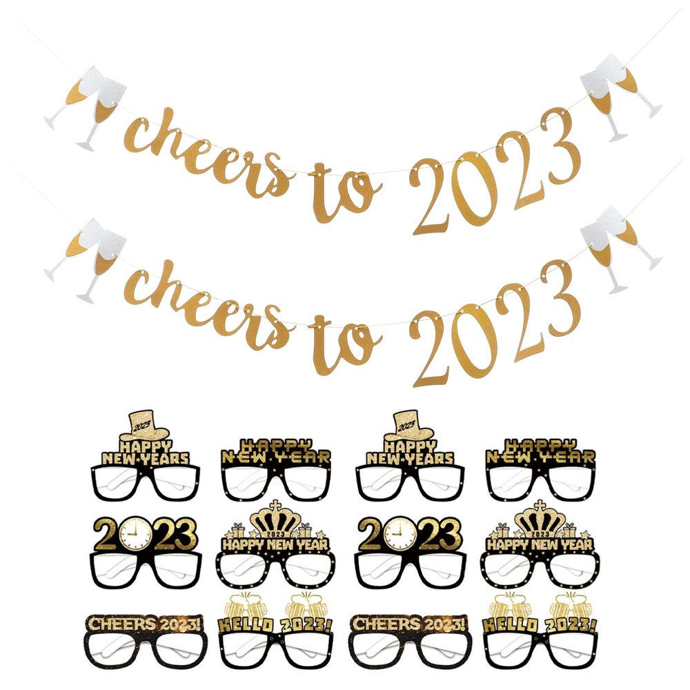 New Years Eve Party Supplies 2023 Gold Glitter Cheers to 2023 Banner Happy New Year Eyeglasses Decorations 2023