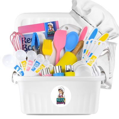 KEFF 30 Pcs Kids Kitchen Set for Cooking & Baking - Real Utensils with Kid Safe Cutting Board and Knife Set for Junior Chef. Montessori Kitchen Tools for Toddlers BPA-Free