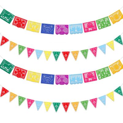 Qpout 4Pack Mexican Party Decorations Banners Felt Dia De Los Muertos Garland Colorful Mexican Fiesta Papel Picado Banner for Fiesta Birthday Baby Shower Party Decorations Indoor Outdoor Decor