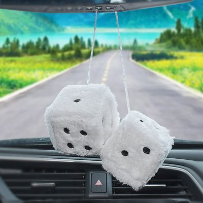 AuMoHall 2.95'' Retro Fuzzy Plush Dice Car Charm Square Plush Dice Car Rear View Mirror Hanging Ornament Car Mirror Hanging Accessories, White