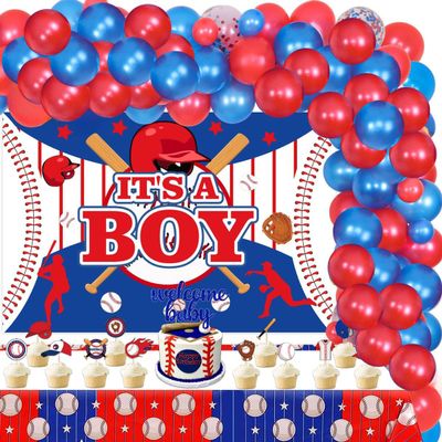 Baseball Baby Shower Decorations for Boy, It's A Boy Backdrop Balloon Arch Kit - Sports Theme Glitter Welcome Baby Cake Topper, Cupcake Toppers, Baseball Party Tablecloth Set