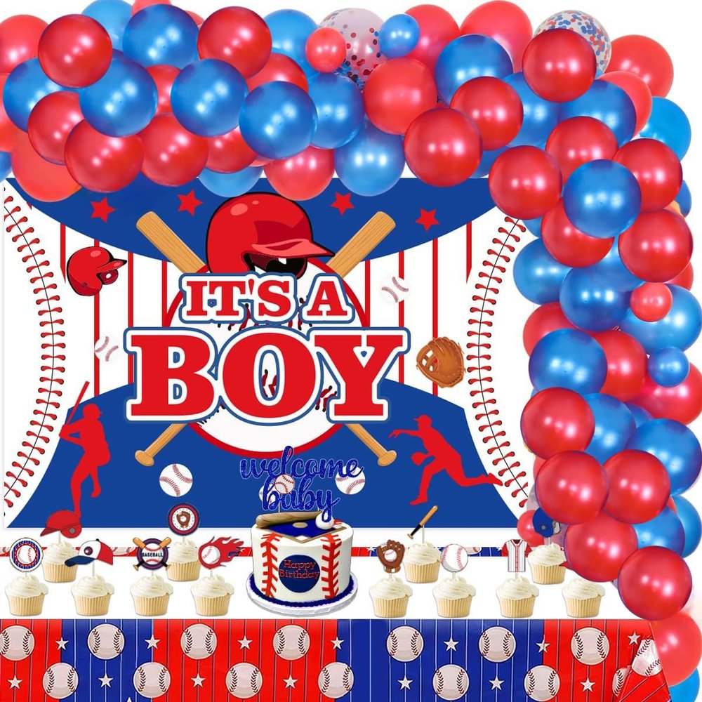 Baseball Baby Shower Decorations for Boy, It's A Boy Backdrop Balloon Arch Kit - Sports Theme Glitter Welcome Baby Cake Topper, Cupcake Toppers, Baseball Party Tablecloth Set