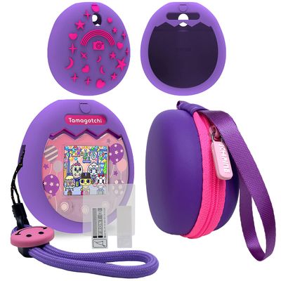 JCHPINE Hard Carrying Case and Silicone Cover Compatible with Tamagotchi Pix Interactive Virtual Pet Game Machine, Screen Film Protector for Tamagotchi Pix Accessories(Purple-Pink)