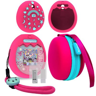 JCHPINE Hard Carrying Case and Silicone Cover Compatible with Tamagotchi Pix Interactive Virtual Pet Game Machine, Screen Film Protector for Tamagotchi Pix Accessories(Pink-Teal)