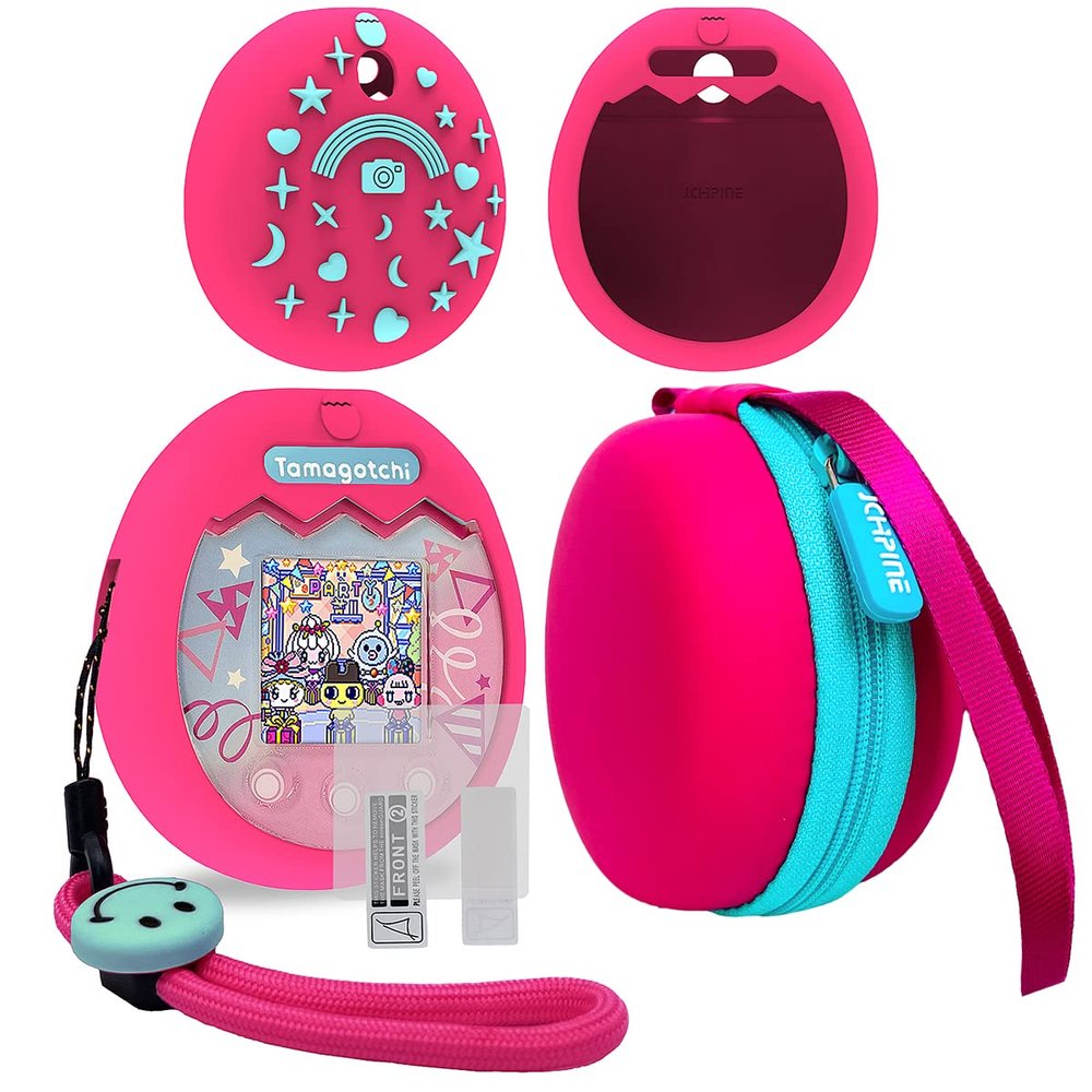 JCHPINE Hard Carrying Case and Silicone Cover Compatible with Tamagotchi Pix Interactive Virtual Pet Game Machine, Screen Film Protector for Tamagotchi Pix Accessories(Pink-Teal)