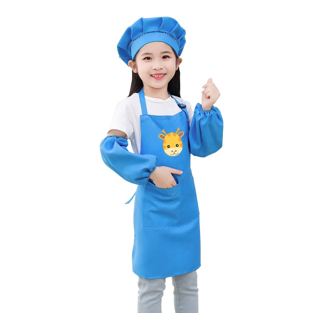 DAISHA 5 Sets of 3-Pack Chef's Hats Sleeves Apron Set for Children for Handmade Class,Painting,Cooking Baking Cake & Playing.