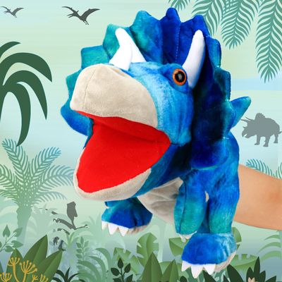 Cuteoy Plush Triceratops Hand Puppet Stuffed Animal Toy Open Movable Mouth Creative Role Play Storytelling Dinosaur Plushies Gifts for Kids Toddlers Birthday Christmas