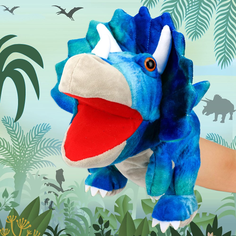 Cuteoy Plush Triceratops Hand Puppet Stuffed Animal Toy Open Movable Mouth Creative Role Play Storytelling Dinosaur Plushies Gifts for Kids Toddlers Birthday Christmas