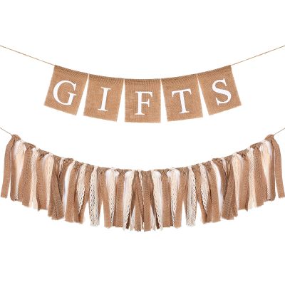 2 Pcs Boho Burlap Banner Baby Shower Decorations Set Include Rustic Gift Banner Decor Bunting Sign Bunting Gifts Sign Burlap Lace Tassel Garland Rag Garland Tie for Party Wedding Bridal Farmhouse