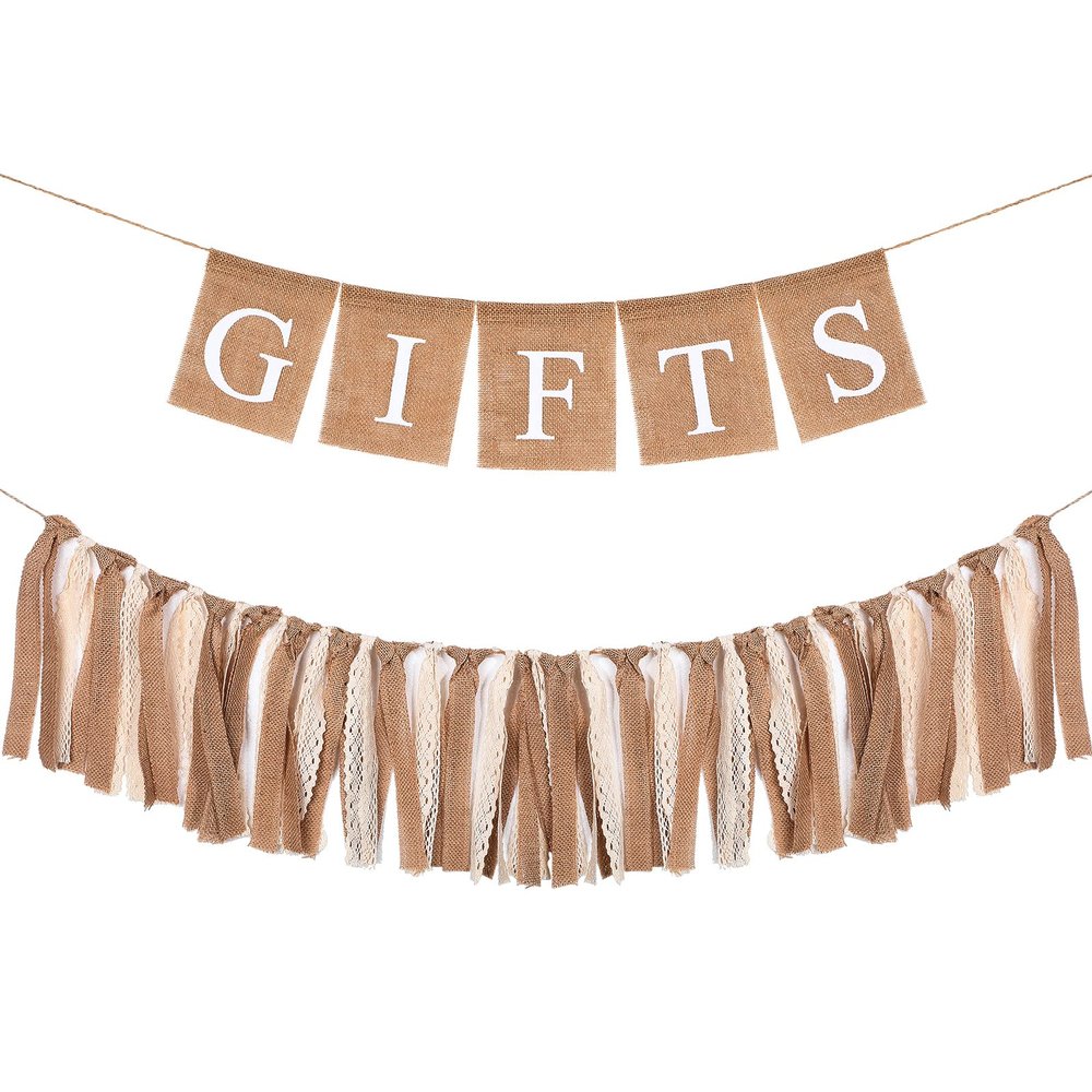 2 Pcs Boho Burlap Banner Baby Shower Decorations Set Include Rustic Gift Banner Decor Bunting Sign Bunting Gifts Sign Burlap Lace Tassel Garland Rag Garland Tie for Party Wedding Bridal Farmhouse