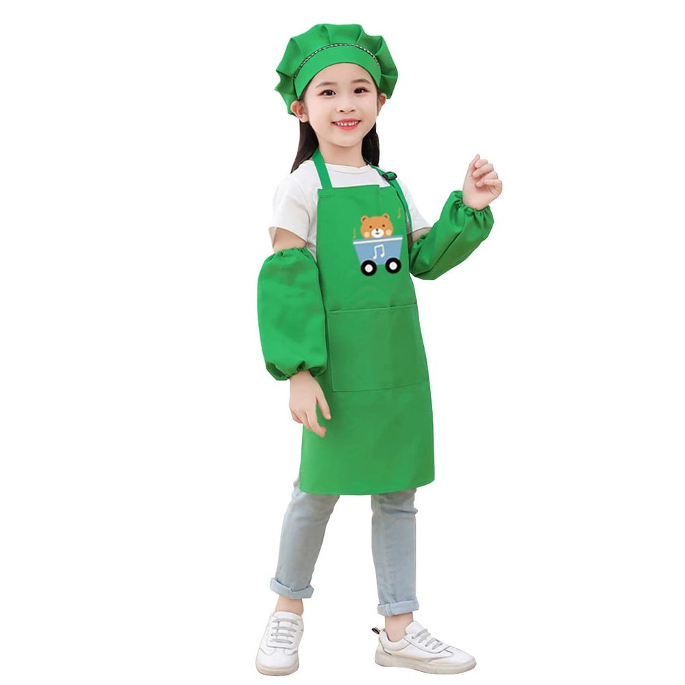 DAISHA 5 Sets of 3-Pack Chef's Hats Sleeves Apron Set for Children for Handmade Class,Painting,Cooking Baking Cake & Playing.