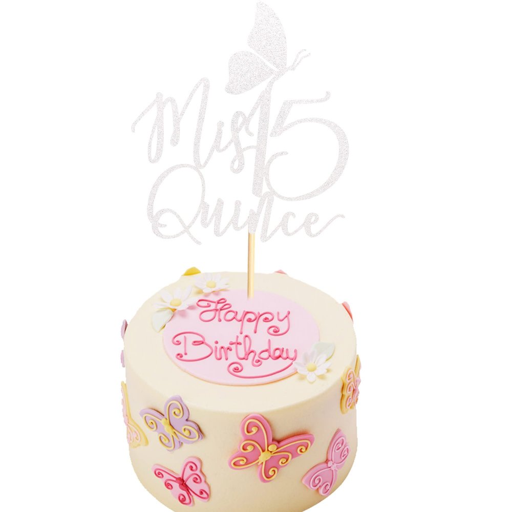 Arthsdite Mis Quince Cake Topper, Mis Quince Aos Decorations, 15th Birthday Decorations with Butterfly, Feliz 15 Anos, Cheers to 15 Years Birthday Party Supply - Silver Glitter