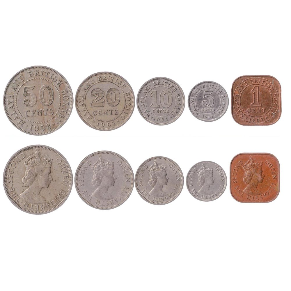 5 Coins from Malaya and British Borneo (Malaysia) | Malaya and British Borneo Coin Set Collection 1 5 10 20 50 Cents | Circulated 1976-1980 | Elizabeth II