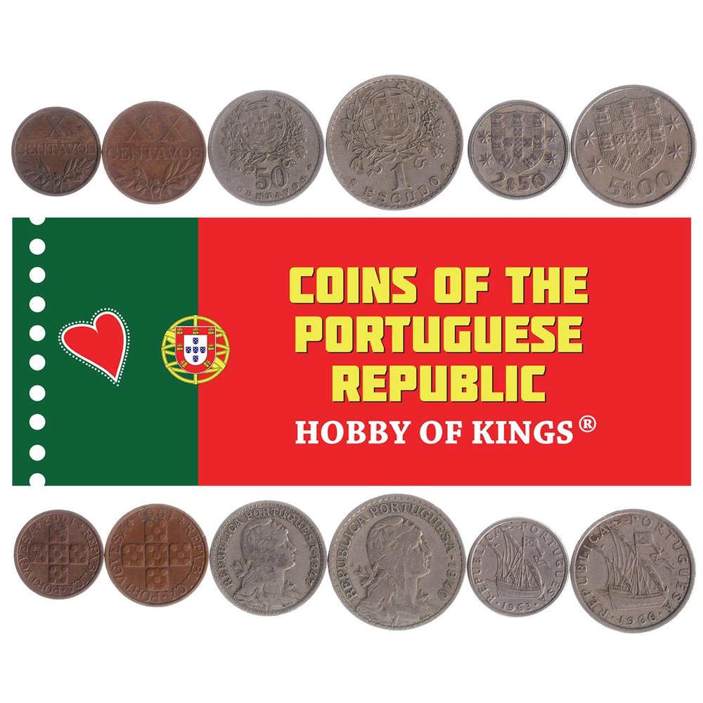 6 Coins from Portugal | Portuguese Coin Set Collection 10 20 50 Centavos 1 2.50 5 Escudos | Circulated 1927-1969 | Ship | Republica | Quinas