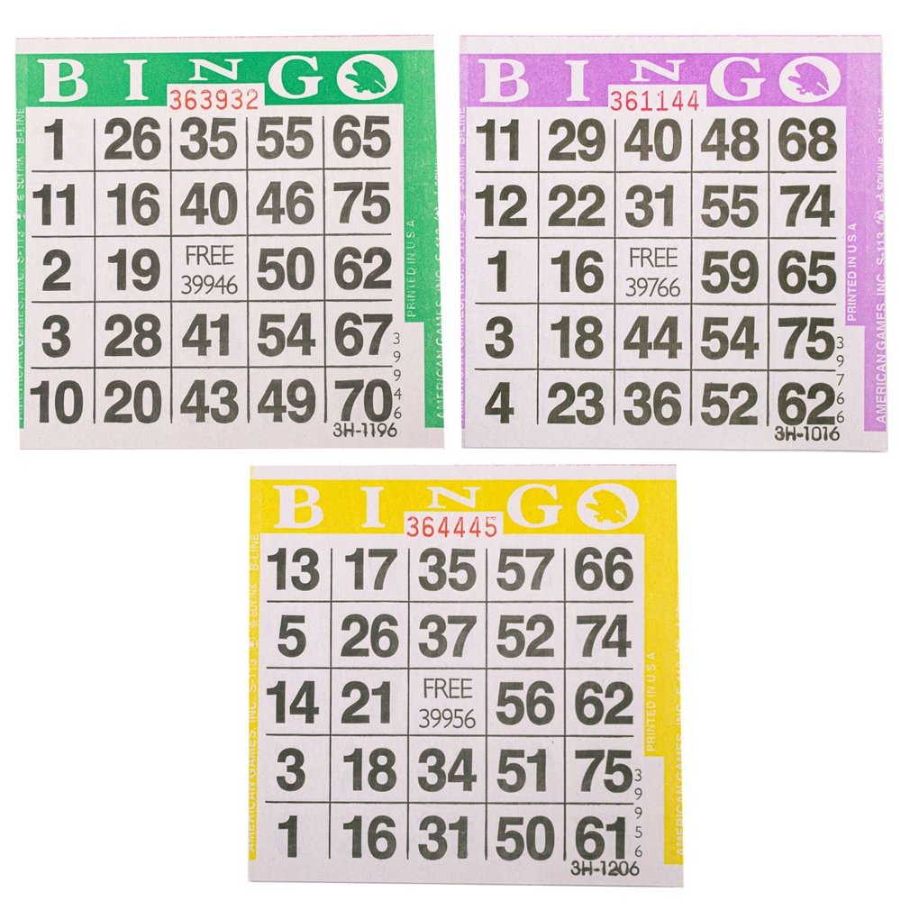 ToysCentral Basics Triple Pack Bingo Cards - 1500 per Pack (500 Green + 500 Purple + 500 Yellow) - 4 Inch Square Cards - All Ages