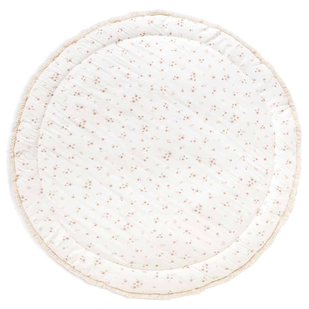 MakeMake Organics Organic Play Mat GOTS Certified Organic Cotton Nursery Floor Rug Washable Reversible Non Toxic Activity Mat Tummy Time Crawling Pad Thick Quilted (Round 48", Bloom + Solid Oat)