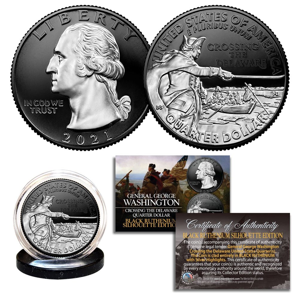 2021 Washington Crossing Delaware U.S. Quarter 2-Sided Black Ruthenium with Genuine Silver Highlights Obverse & Reverse