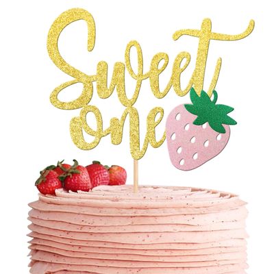 1 PCS Strawberry Sweet One Cake Topper Glitter First Birthday Strawberry Cake Pick for Sweet Fruit Theme Baby Shower Kids Birthday Party Cake Decorations Supplies Gold