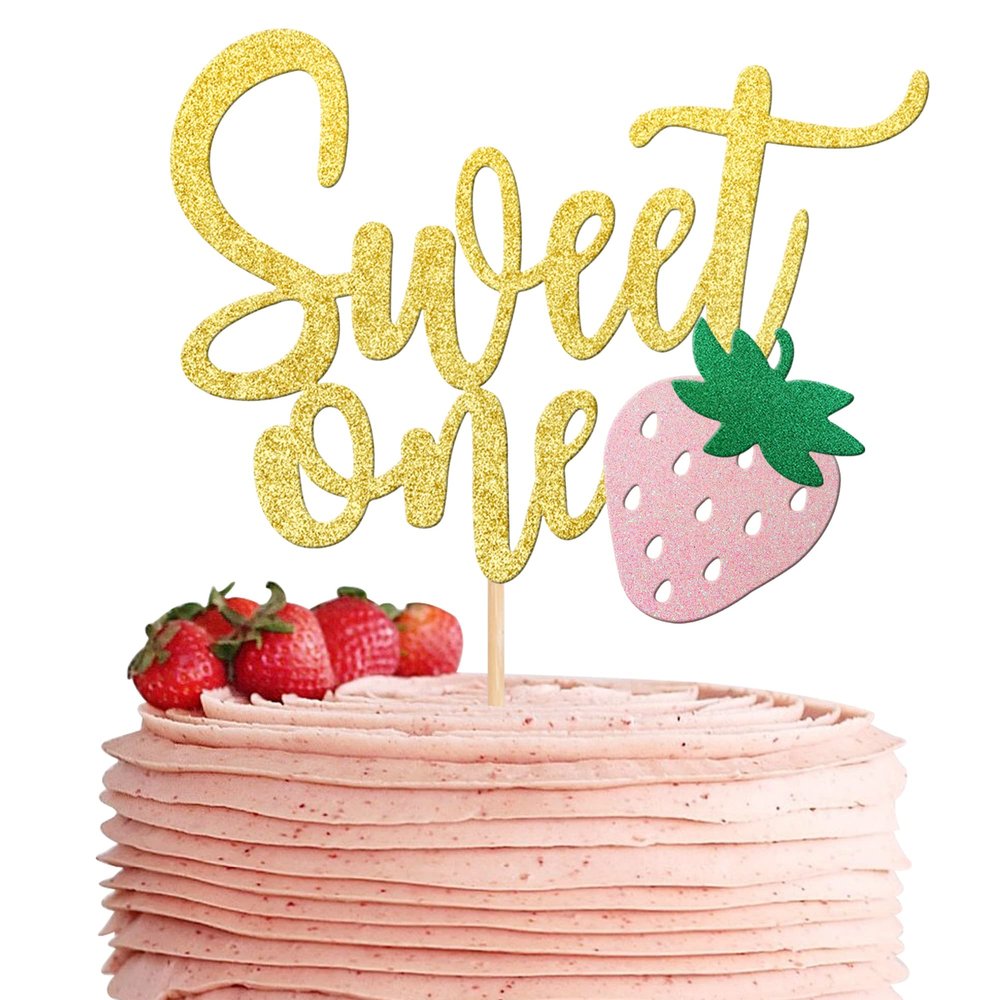 1 PCS Strawberry Sweet One Cake Topper Glitter First Birthday Strawberry Cake Pick for Sweet Fruit Theme Baby Shower Kids Birthday Party Cake Decorations Supplies Gold