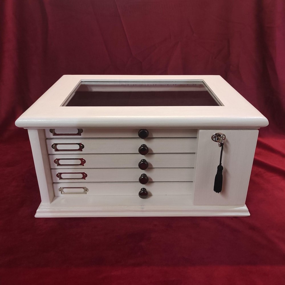 High quality Italian velvet and wood coin box 5 drawers (Legno BIanco)
