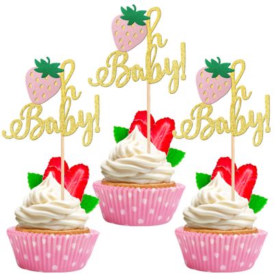 24 PCS Strawberry Oh Baby Cupcake Toppers Glitter Baby Shower Strawberry Cupcake Picks for Fruit Theme Baby Shower Kids Boys Girls Birthday Party Cake Decorations Supplies Gold