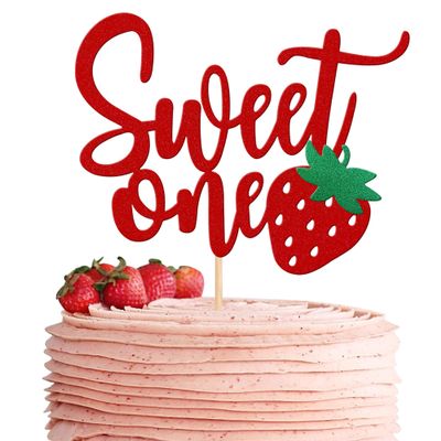 1 PCS Strawberry 1st Birthday Cake Topper Glitter Sweet One First Birthday Strawberry Cake Pick Decoration for Sweet Fruit Theme Baby Shower Kids Birthday Party Supplies Red