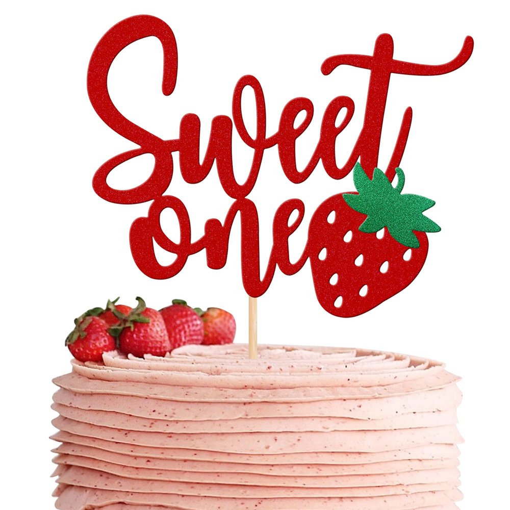 1 PCS Strawberry 1st Birthday Cake Topper Glitter Sweet One First Birthday Strawberry Cake Pick Decoration for Sweet Fruit Theme Baby Shower Kids Birthday Party Supplies Red