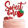 1 PCS Strawberry 1st Birthday Cake Topper Glitter Sweet One First Birthday Strawberry Cake Pick Decoration for Sweet Fruit Theme Baby Shower Kids Birthday Party Supplies Red view 1