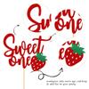1 PCS Strawberry 1st Birthday Cake Topper Glitter Sweet One First Birthday Strawberry Cake Pick Decoration for Sweet Fruit Theme Baby Shower Kids Birthday Party Supplies Red view 3