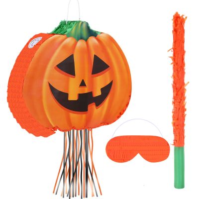 Aoriher Halloween Pumpkin Piata Pull String Pumpkin Piata with Stick and Blindfold Halloween Hanging Decoration Mexican Game Fall Party Supplies