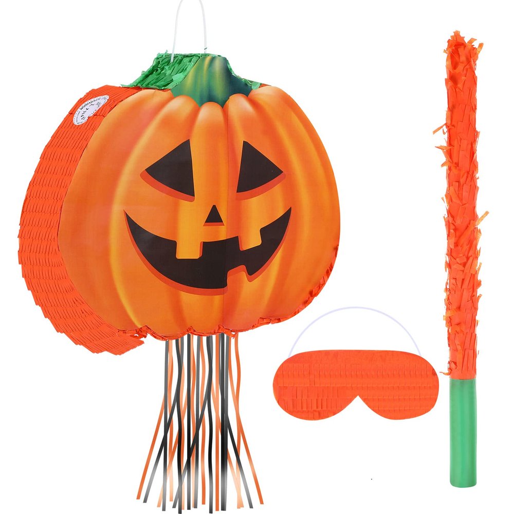 Aoriher Halloween Pumpkin Piata Pull String Pumpkin Piata with Stick and Blindfold Halloween Hanging Decoration Mexican Game Fall Party Supplies