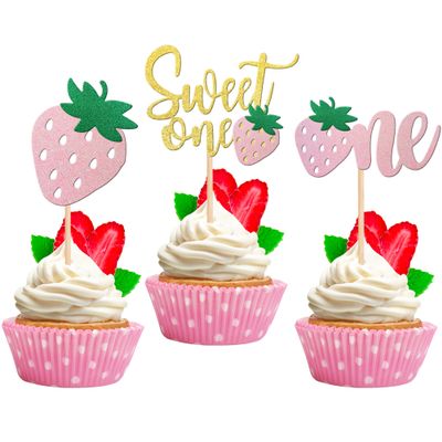 24 PCS Strawberry 1st Birthday Cupcake Toppers Glitter Sweet One Strawberry Cupcake Picks for Fruit Theme Baby Shower Kids 1st Anniversary Party Cake Decorations Supplies Pink