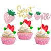 24 PCS Strawberry 1st Birthday Cupcake Toppers Glitter Sweet One Strawberry Cupcake Picks for Fruit Theme Baby Shower Kids 1st Anniversary Party Cake Decorations Supplies Pink view 1