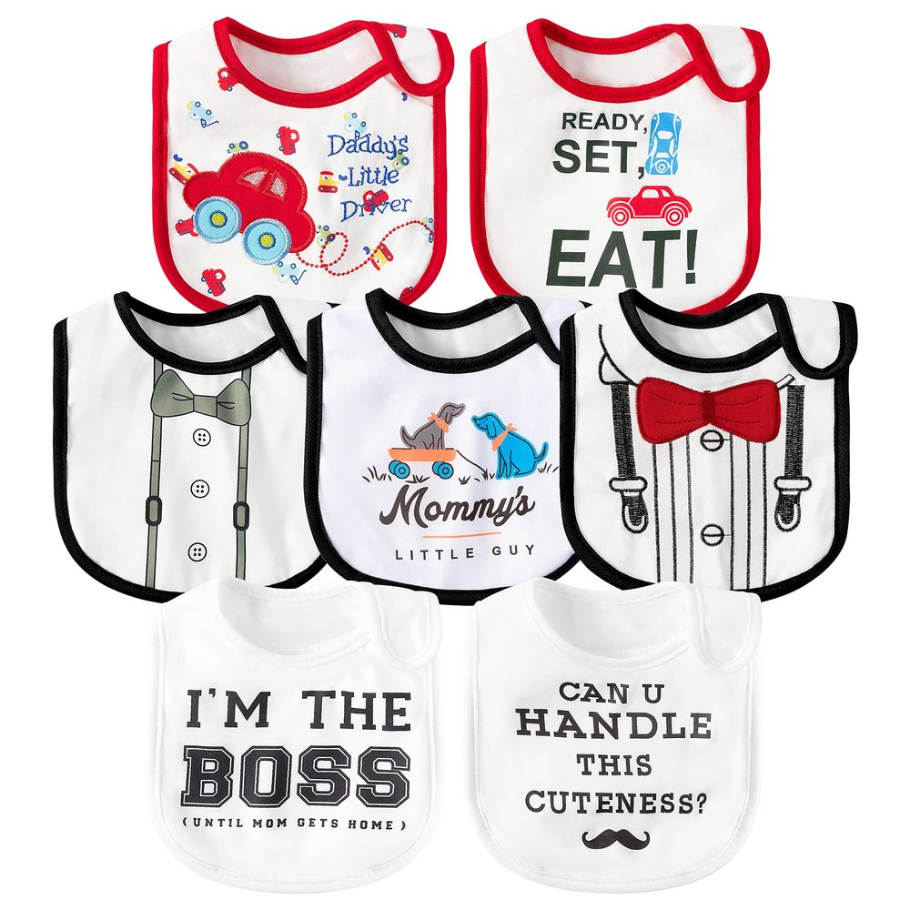 2ooya 7Pcs Cotton Waterproof Baby Bibs Adjustable Hook Loop Closure Infant Bib Unisex Black Red Newborn Babies Food Bibs Baby Keepsake Gift for Eating Teething Drooling Feeding6-12 Months
