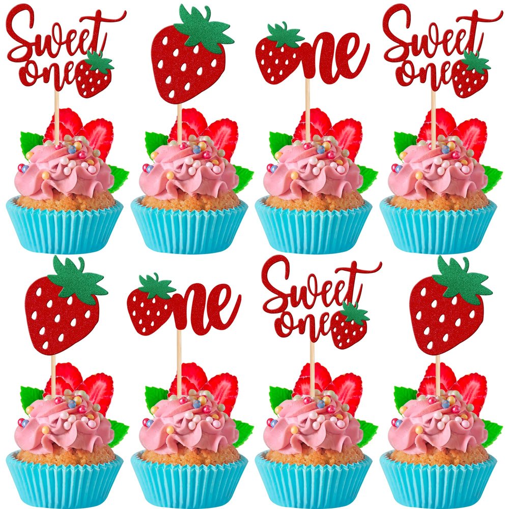 24 PCS Strawberry One Cupcake Toppers Glitter Sweet One First Birthday Strawberry Cupcake Picks for Fruit Theme Baby Shower Kids 1st Birthday Anniversary Party Cake Decorations Supplies Red