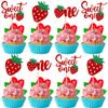 24 PCS Strawberry One Cupcake Toppers Glitter Sweet One First Birthday Strawberry Cupcake Picks for Fruit Theme Baby Shower Kids 1st Birthday Anniversary Party Cake Decorations Supplies Red view 1