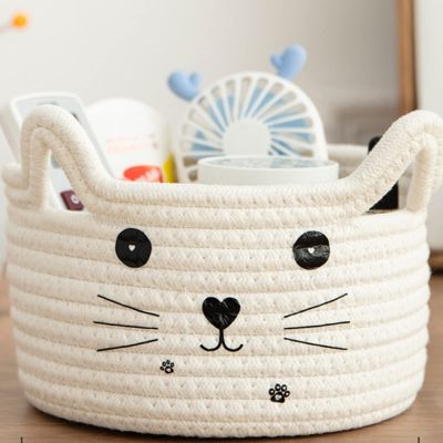 Zopeal Cat Basket Storage Woven Organizer with Ears Christmas Decorative Pet Toy Cute Cotton Rope Basket for Gift Cat Dog Toy Bin Nursery Room(8.3 x 4.7 Inch,White)