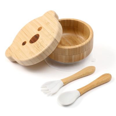 Baby Bowls with Lid,HBM Bamboo Suction Bowls for Baby and Spoon Set,3PC Feeding Supplies Set for Infant, Toddlers,Detachable Silicone Suction Stay Put Base for Wooden Bowl Marble