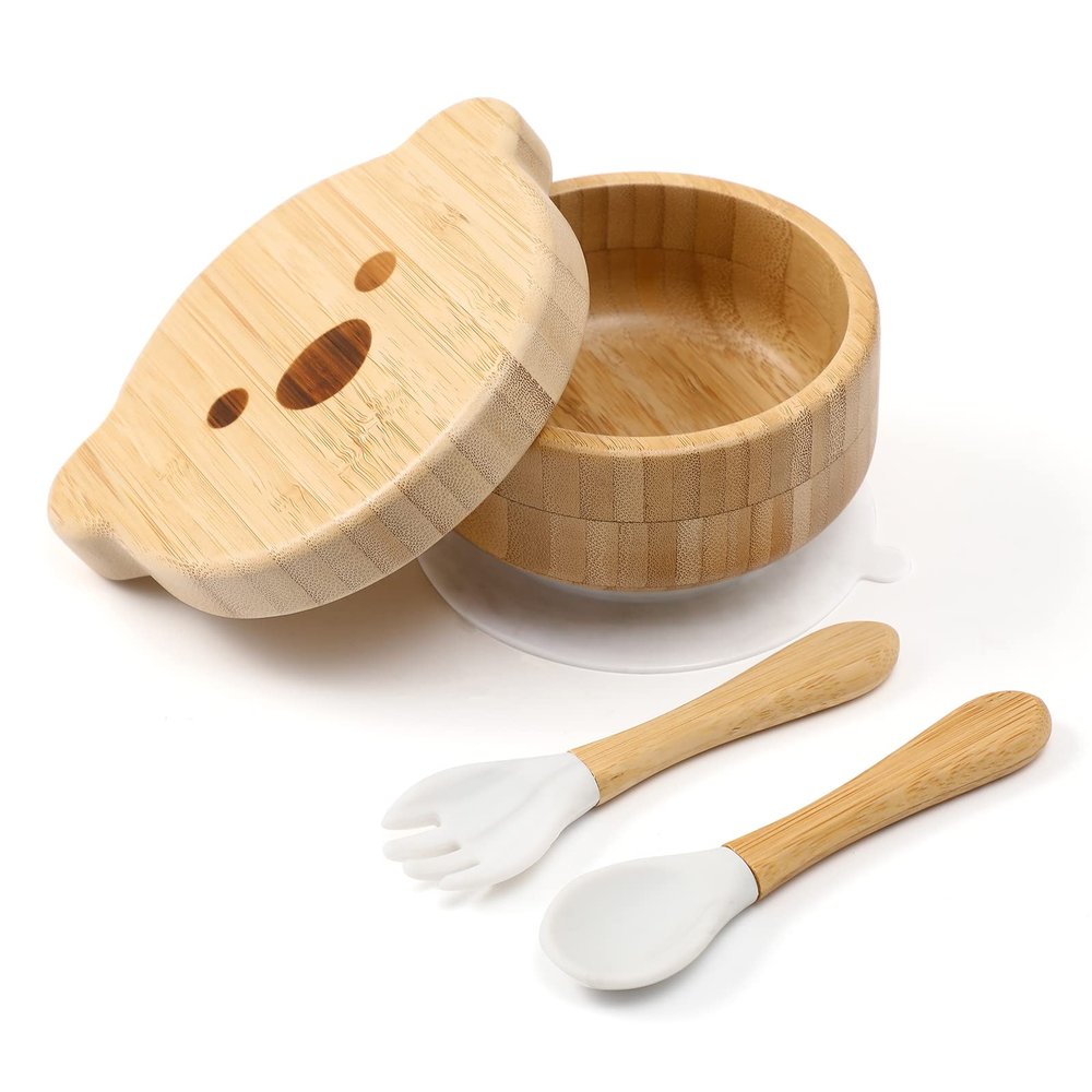 Baby Bowls with Lid,HBM Bamboo Suction Bowls for Baby and Spoon Set,3PC Feeding Supplies Set for Infant, Toddlers,Detachable Silicone Suction Stay Put Base for Wooden Bowl Marble