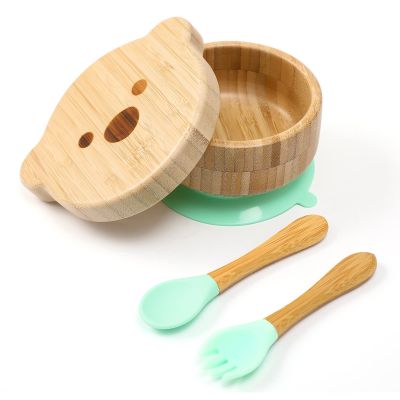 Baby Bowls with Lid,HBM Bamboo Suction Bowls for Baby and Spoon Set,3PC Feeding Supplies Set for Infant, Toddlers,Detachable Silicone Suction Stay Put Base for Wooden Bowl Mint