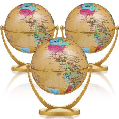 Henoyso 3 Pcs Mini Globes for Kids 4.2 in Small Antique World Map Globes with Stands Vintage Educational Geographic Decorative Desk Decor Gifts Bulk for Students Classroom Office