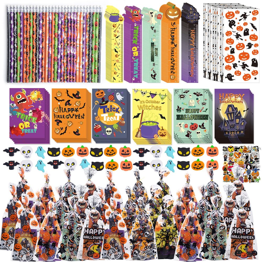 200PCS Halloween Party Favors for Kids Stationery Set, 30 PACK Assorted Halloween Goodie Bag Stuffers, Bulk Halloween Treats Bags for Trick or Treat Pencils Erasers Rulers