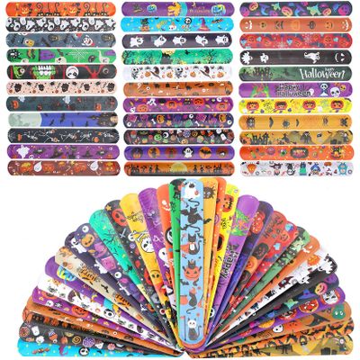 120 Pcs Friendship Bracelets Halloween Slap Bracelets Party Favors for Kids - 60 Different Design Bracelets Halloween Party Supplies and Decorations Snap Bracelets with Halloween Classies Pattern