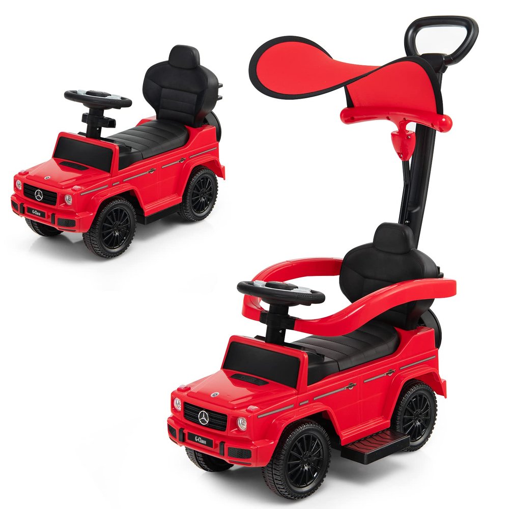 Costzon Push Car for Toddlers, 3 in 1 Mercedes Benz Stroller Sliding Walking Car w/Canopy, Handle, Armrest Guardrail, Underneath Storage, Horn, Foot-to-Floor Ride On Toy for Boys Girls, Red