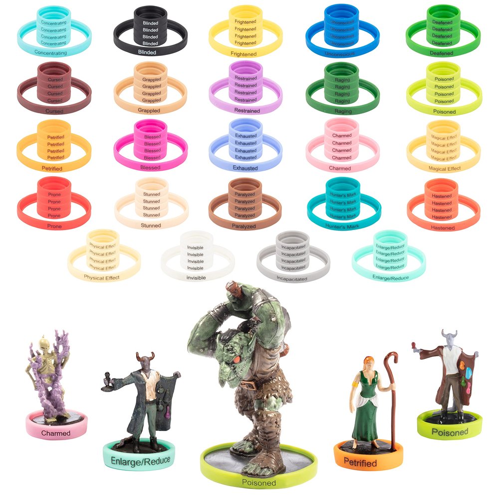 Flexible Condition Rings Status Effect Markers (120 Rings for Standard & Large)- 24 Different Conditions DND Flexible Design- Easy Affix Base Slides Under Figure- Compatible w Pathfinder & RPG Games