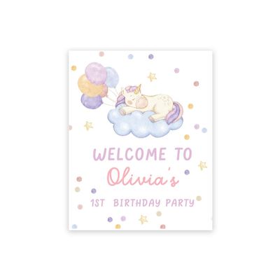 Andaz Press Personalized Birthday Welcome Sign Custom Large Canvas Welcome Sign for Kids Birthday Party, 16 x 20 Inches, Unicorn Birthday Theme, 1st Birthday Unicorn Party Decorations for Girls