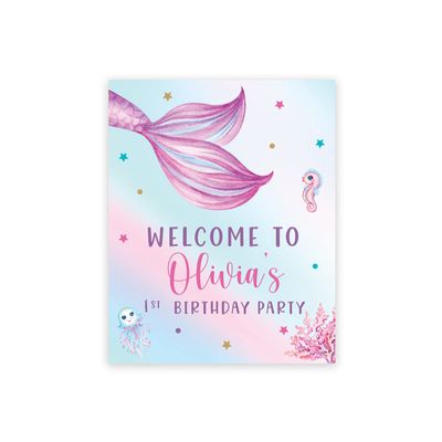 Andaz Press Personalized Birthday Welcome Sign Custom Large Canvas Welcome Sign for Kids Birthday Party, 16 x 20 Inches, Mermaid Birthday Theme, 1st Birthday Mermaid Party Decorations for Girls